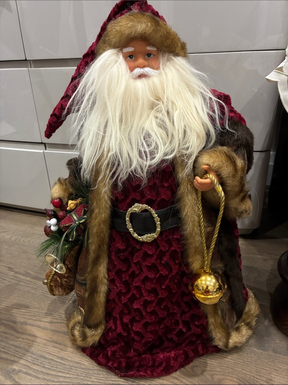 Plush Burgundy Velvet Santa Figurine with Faux Fur Trim